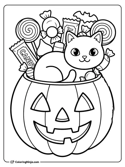 Black Cat in the Candy Coloring Page