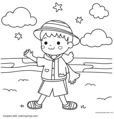 A coloring page of boy on the beach