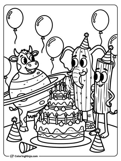 Brainrot Characters Birthday Party Coloring Page