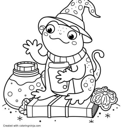 A coloring page of Can you create a coloring book page (portrait mode 8.5x11) that is cottage core cutesy witchy pets? Perhaps a cutesy cottage frog with some apothecary jars and a spell book or two? 