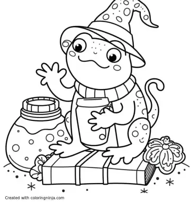 A coloring page of Can you create a coloring book page (portrait mode 8.5x11) that is cottage core cutesy witchy pets? Perhaps a cutesy cottage frog with some apothecary jars and a spell book or two? 