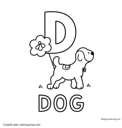 A coloring page of a capital "D", below it a dog and below the dog the word "DOG"