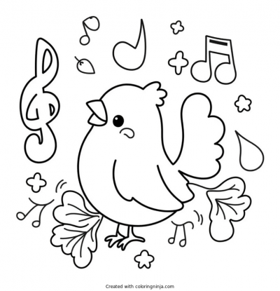 A coloring page of A Cardinal Surrounded By Musical Notes, As If Singing