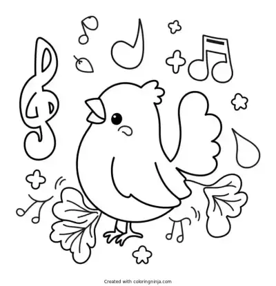 A coloring page of A Cardinal Surrounded By Musical Notes, As If Singing