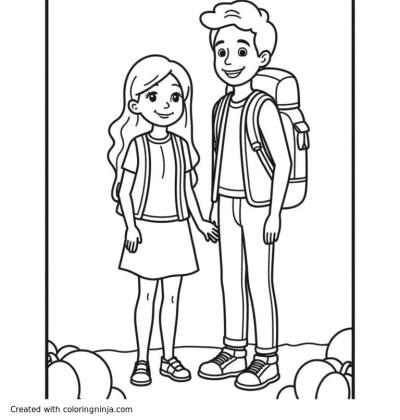 A coloring page of Carl and Ellie from UP hiking