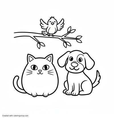 A coloring page of a cat and a dog and a bird