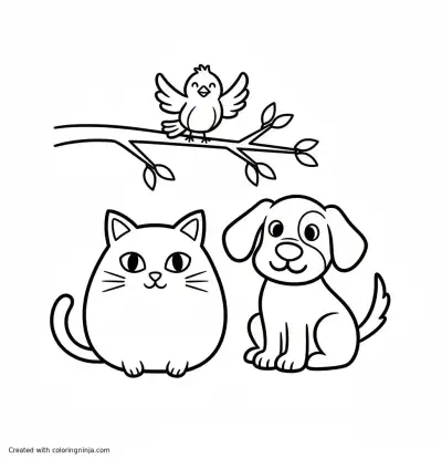 A coloring page of a cat and a dog and a bird