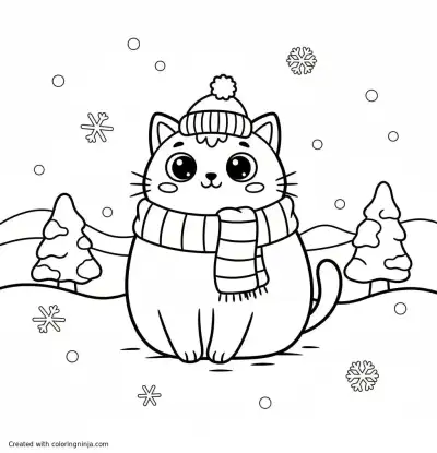 A coloring page of a cat in the snow