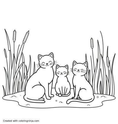 A coloring page of Cattails in a marsh with three cats 