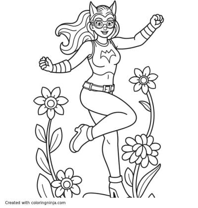 A coloring page of catwoman jumping and flowers around her