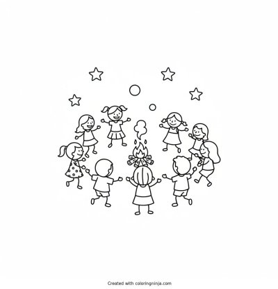 A coloring page of  Children dancing around a campfire under the starry sky.