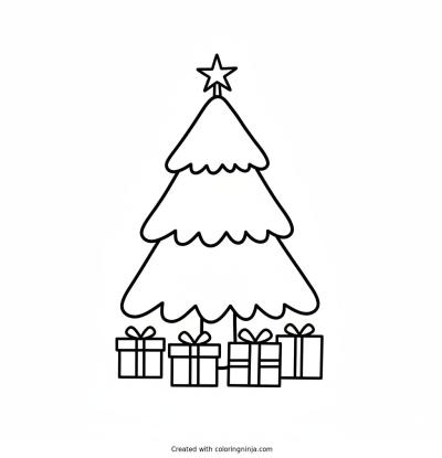 A coloring page of christmas tree with presents below
