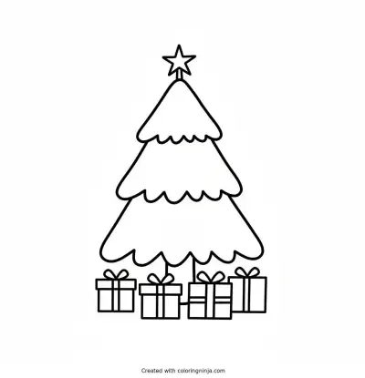 A coloring page of christmas tree with presents below
