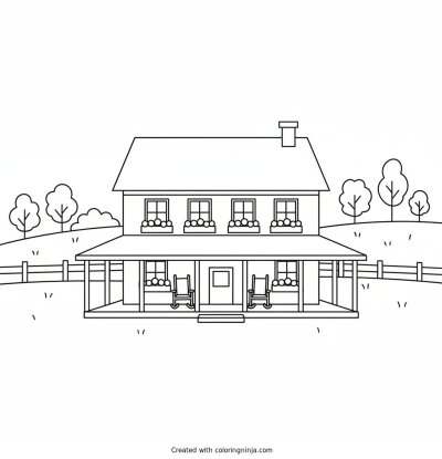 A coloring page of A classic farmhouse with a wraparound porch, rocking chairs, and flower boxes under the windows, quiet country setting