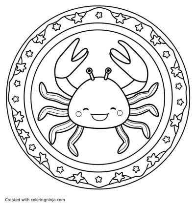 A coloring page of coloring mandela focused on the zodiac sign Cancer. ncorporating celestial motifs like stars and the moon to enhance the magical and spiritual feeling of the design