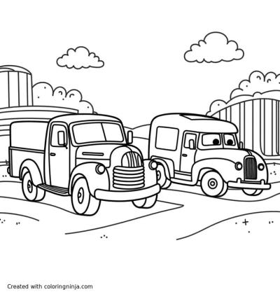A coloring page of a coloring page with two drifting cars around a shipping yard