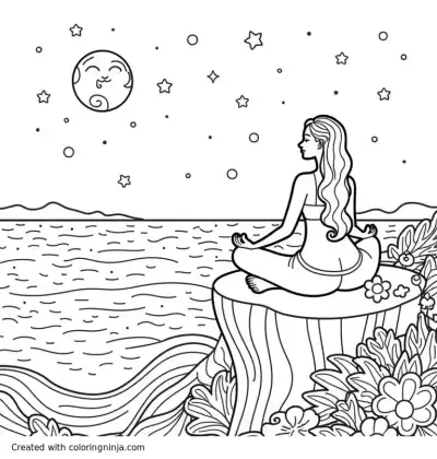 A coloring page of Coloring page of a woman sitting in a meditative pose on the edge of a cliff overlooking the ocean with the moon and stars in the sky with lots of patterns in the ocean and sky with flowers on the cliff in a magical style