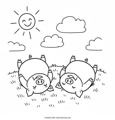 A coloring page of a couple of happy pigs rolling on the grass on a sunny day