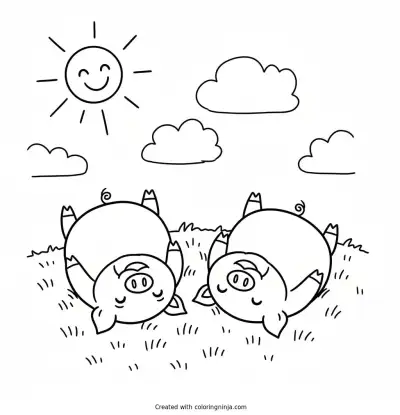 A coloring page of a couple of happy pigs rolling on the grass on a sunny day