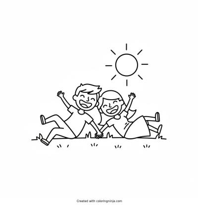 A coloring page of a couple of happy rolling on the grass on a sunny day