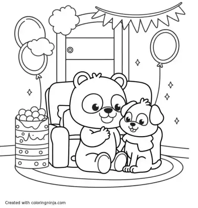 A coloring page of  a cozy  Panda & a doggy friend  in a decorated room corner, with balloons