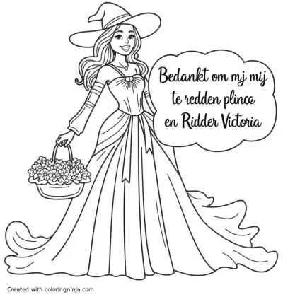 A coloring page of Create a  coloring page illustration featuring a gorgeous witch. The witch should be elegantly dressed. Include a prominent text bubble near the witch containing the phrase "Bedankt om mij te redden prinses Olivia en Ridder Victoria" . Ensure the text is legible.