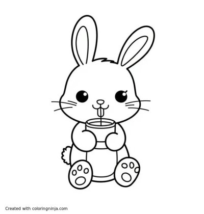A coloring page of Create an image of kawaii cute bunny charcater drinking coffee coloring page