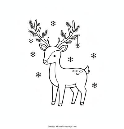A coloring page of Create a winter-themed deer with antlers lightly decorated with pine branches and snowflakes, black-and-white outline illustration, coloring book friendly