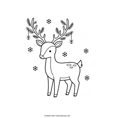 A coloring page of Create a winter-themed deer with antlers lightly decorated with pine branches and snowflakes, black-and-white outline illustration, coloring book friendly