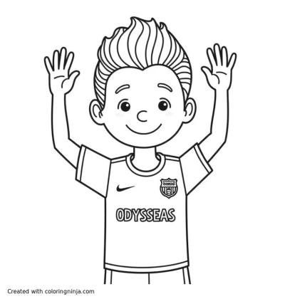A coloring page of cristiano ronaldo high five's aΝ 8-year old boy wearing a shirt with the name ODYSSEAS