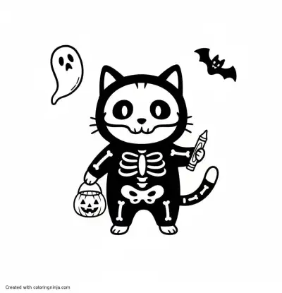 A coloring page of a cute cat dressed for halloween as an skeleton