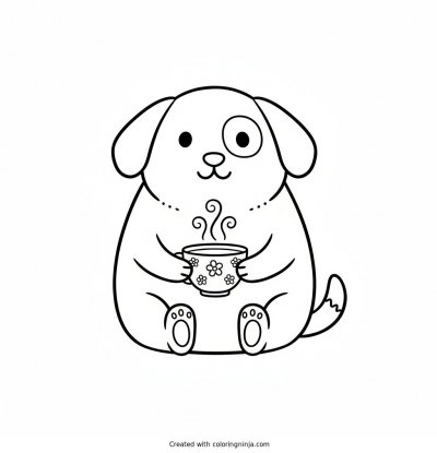 A coloring page of CUTE DOG WITH CUP OF TEA
