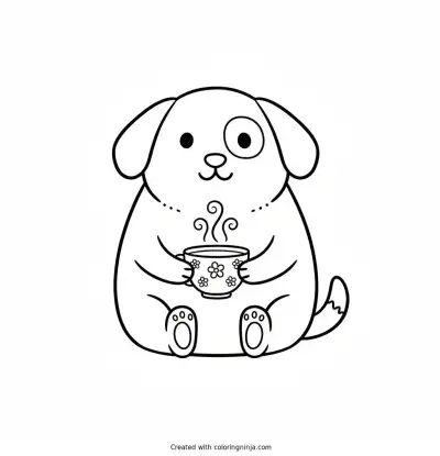 A coloring page of CUTE DOG WITH CUP OF TEA
