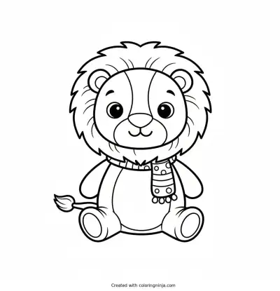 A coloring page of cute lion plush with scarf