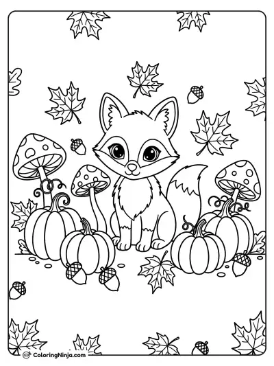 A Little Fox Among Pumpkins Coloring Page