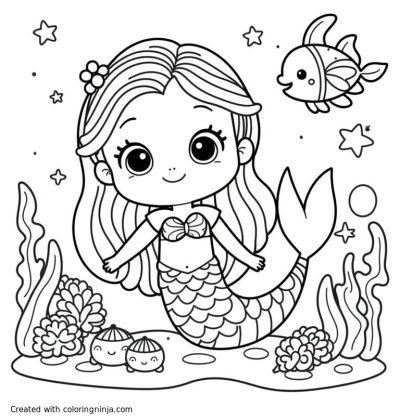 A coloring page of A cute mermaid with a fish tail and big eyes, surrounded by small fairies in an underwater scene, simple black and white line art, cartoon style, friendly expressions, thick clear outlines, no shading, suitable for children's coloring book
