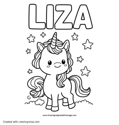 A coloring page of A cute unicorn with the letters “LIZA” above them