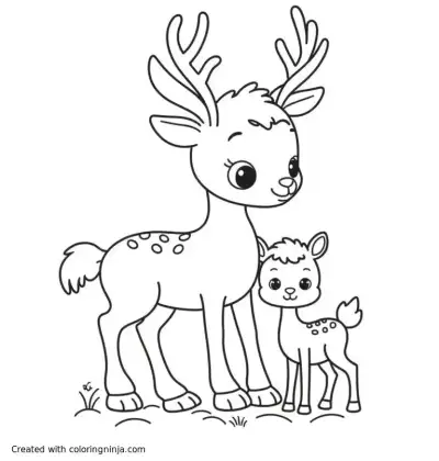 A coloring page of deer with baby deer