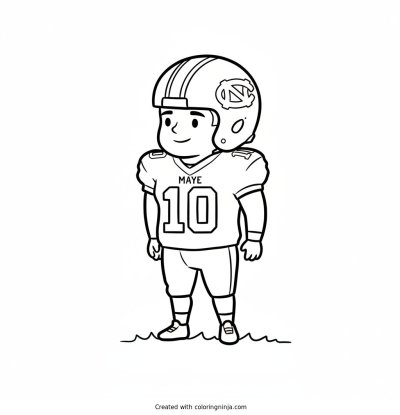 A coloring page of detailed picture of drake maye standing looking sideways wearing red jersey