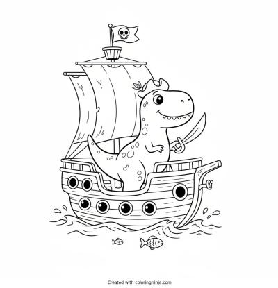 A coloring page of Dinosaur riding a pirate ship 