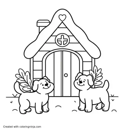 A coloring page of dog house with dogs
