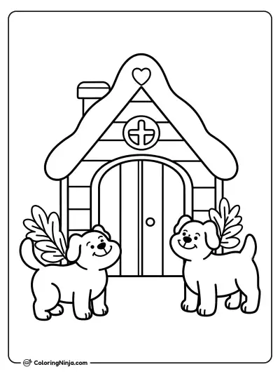 Dog House with Dogs Coloring Page