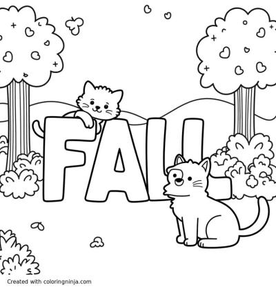 A coloring page of A doodle style cat and dog playing hide and seek around giant letters in a park