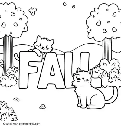 A coloring page of A doodle style cat and dog playing hide and seek around giant letters in a park