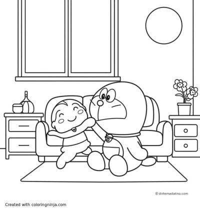 A coloring page of doraemon with nobita in the room enjoying dorayaki

