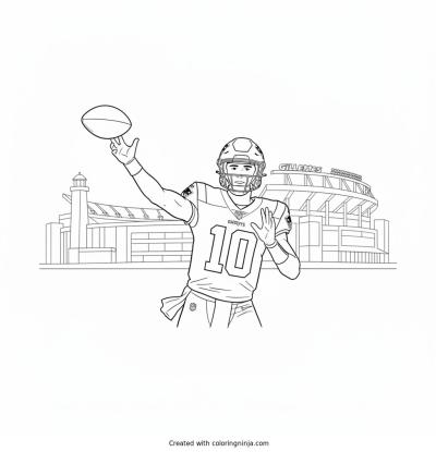 A coloring page of Drake Maye Throwing a pass at Gillette stadium Coloring page