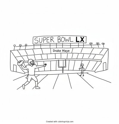 A coloring page of Drake Maye Throwing a pass at Gillette stadium To win Super Bowl LX