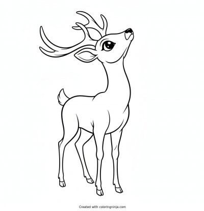 A coloring page of Draw a deer looking upward, expressive eyes, graceful posture, elegant wildlife line art, centered composition, printable coloring page.