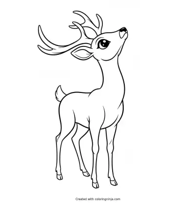 A coloring page of Draw a deer looking upward, expressive eyes, graceful posture, elegant wildlife line art, centered composition, printable coloring page.