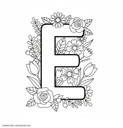 A coloring page of an "E" with realistic flowers around it